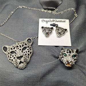 Leopard Rhinestone Jewelry Set Earrings Pendant Cocktail Ring Size 8.5 Sparkly!!